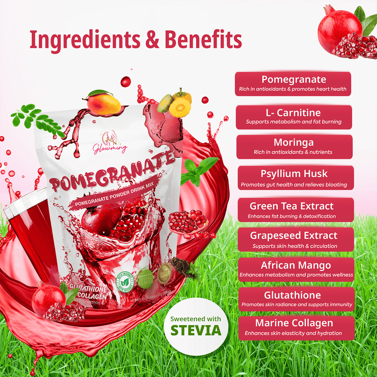 pomegranate glutathione Cris Cosmetics Glowming POMEGRANATE Detox Drink | with Glutathione & C –  Charm Essentials main image 1